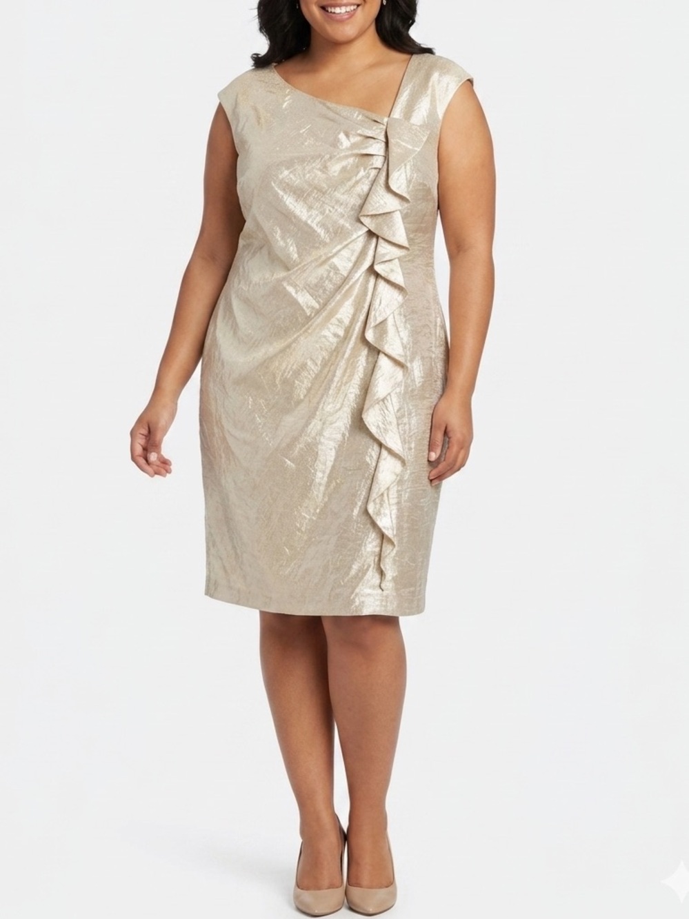 Suzi Chin For Maggy Boutique 18W Champagne Shimmer Ruffle Sheath Dress Plus Size